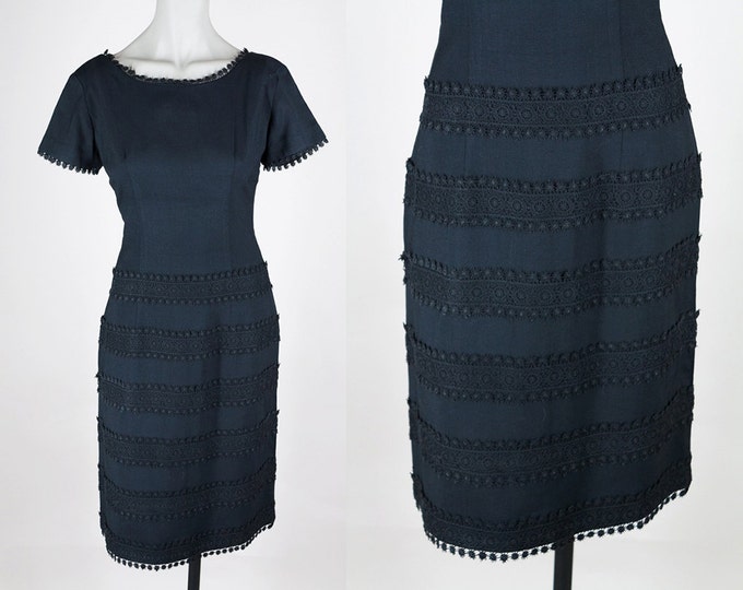1950s L'Aiglon Black Linen & Crochet Sheath Dress S