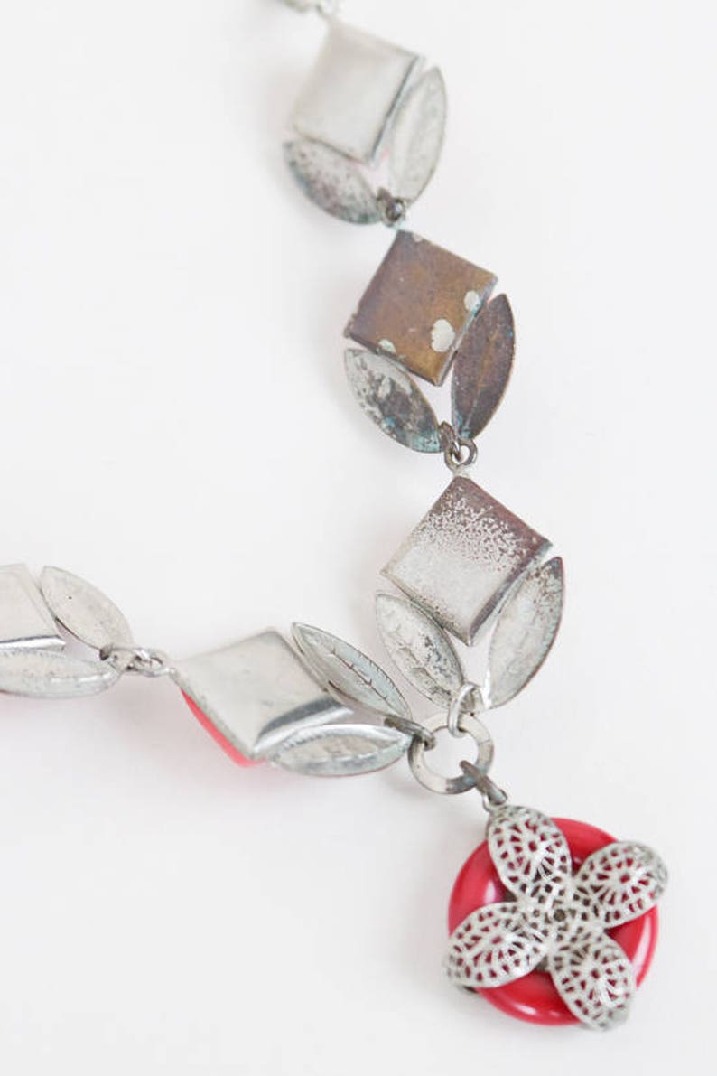 Vintage 40s Necklace 1940s Red Glass Cabochon and Silver Tone Leaves Choker Necklace