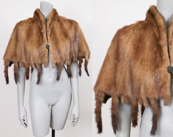 Vintage 50s Cape / Mink Short Cape with Tail Fringe One Size
