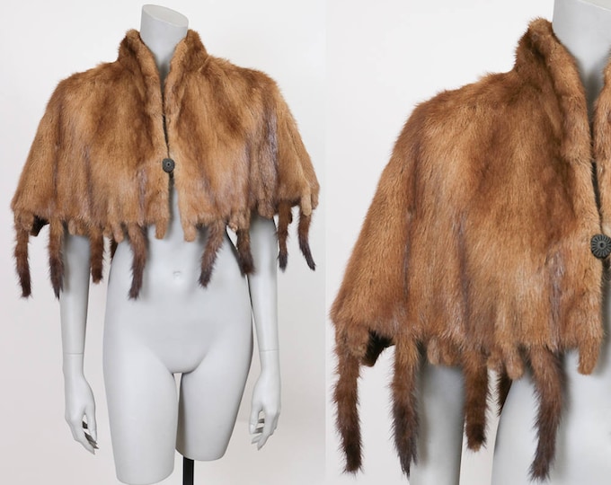 Vintage 50s Cape / Mink Short Cape with Tail Fringe One Size