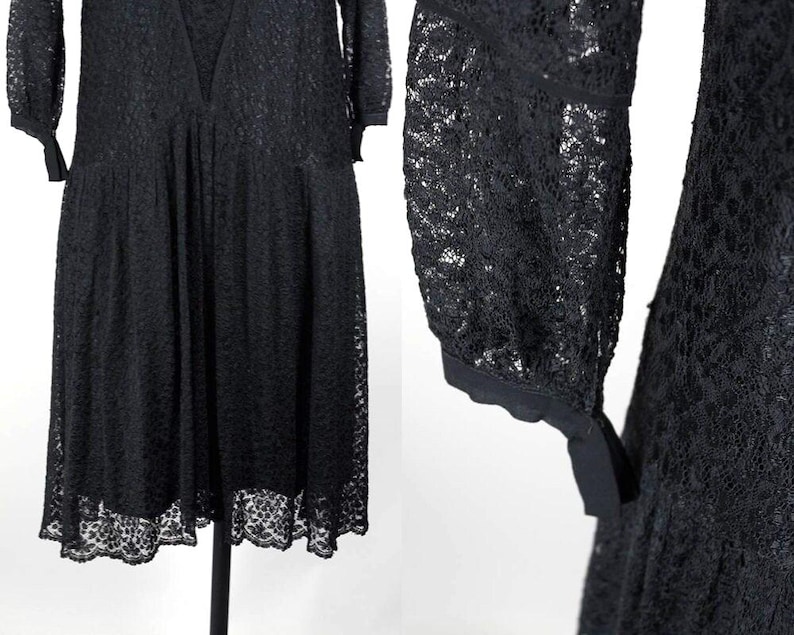 Vintage 1920s Dress / 20s Black Lace and Silk Drop Waist Flapper Dress ...