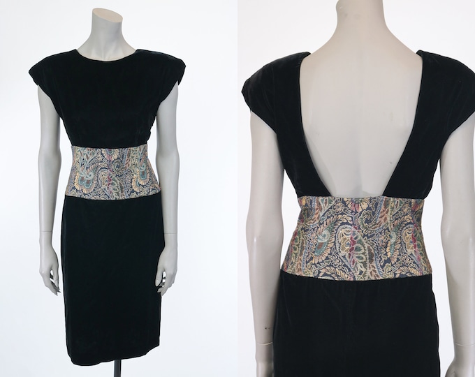 1980s Black Velvet and Brocade Backless Dress S