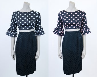 1960s Deadstock Black Polka Dot Ruffle Sleeve Crop Top XS S