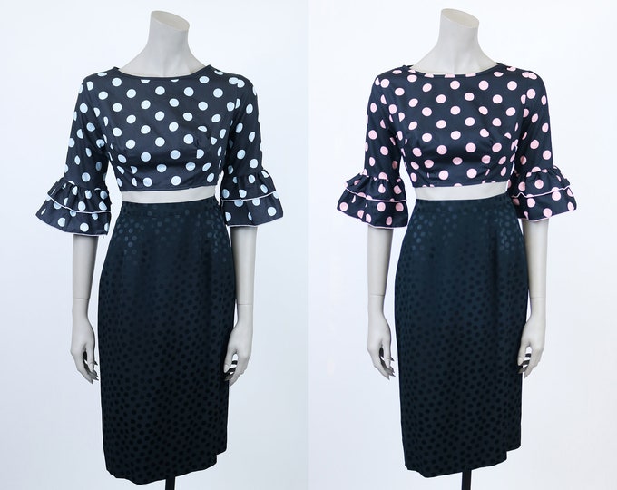 1960s Deadstock Black Polka Dot Ruffle Sleeve Crop Top XS S