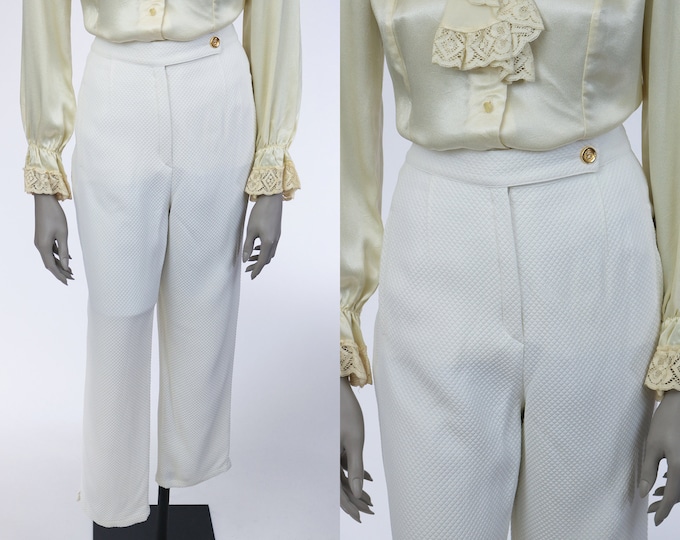 Designer Vintage 90s Pants / 1990s Sonia Rykiel White Waffle Weave Straight Leg Pants / Size Large L / Minimalist