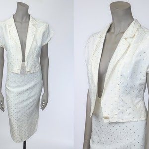 Vintage 1980s Cream Jacket and Skirt Set / 80s Designer Skirt Suit / Size S Small