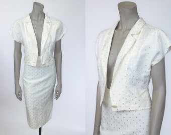 Vintage 1980s Cream Jacket and Skirt Set / 80s Designer Skirt Suit / Size S Small