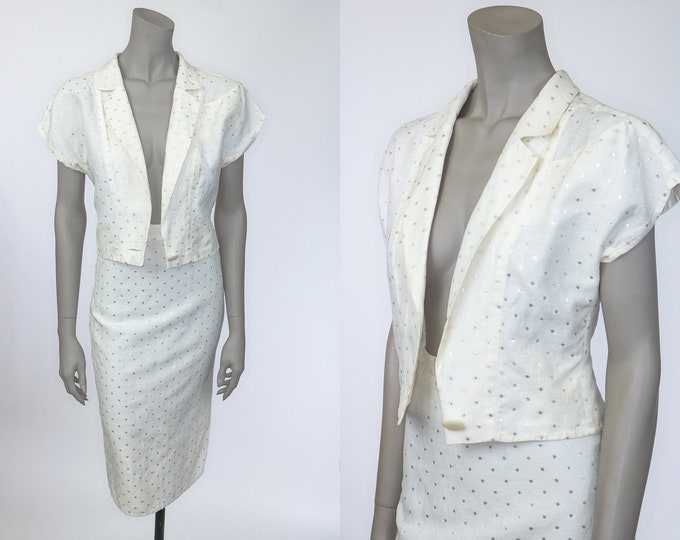 Vintage 1980s Cream Jacket and Skirt Set / 80s Designer Skirt Suit / Size S Small