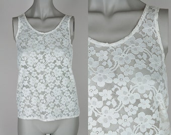 Vintage 80s Shirt / 1980s Sheer White Lace Loose Tank Top XS