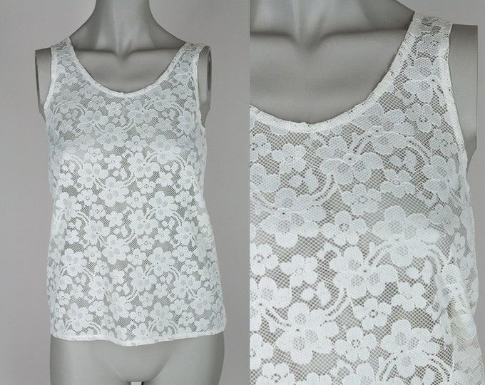 Vintage 80s Shirt / 1980s Sheer White Lace Loose Tank Top XS
