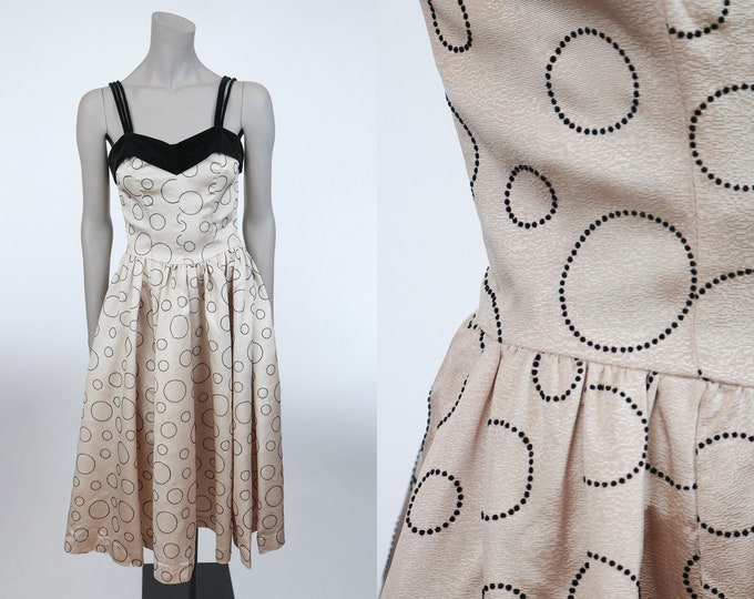 1950s Flocked Satin and Velvet Fit and Flare Dress XS