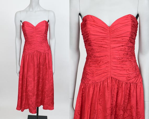 red silk strapless dress