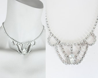 Vintage 50s Necklace / 1950s Rhinestone Scalloped Choker Necklace