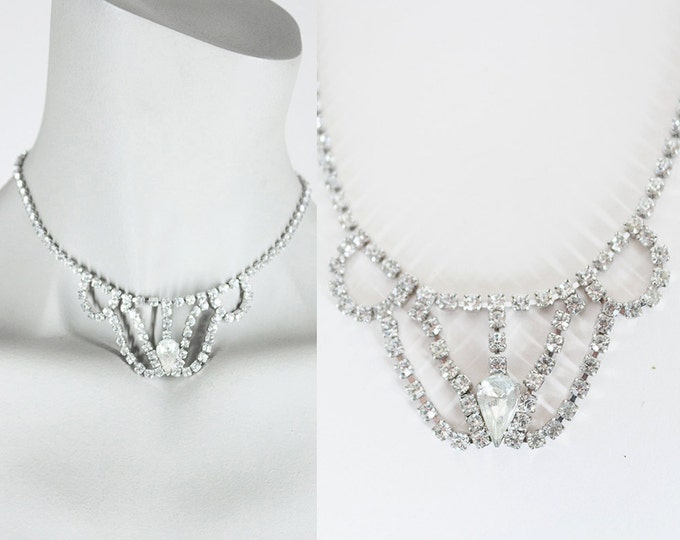 Vintage 50s Necklace / 1950s Rhinestone Scalloped Choker Necklace