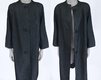 1960s Black Croc Embossed Collarless Balmacaan Overcoat L XL