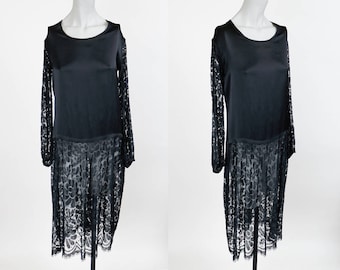 1920s Black Silk and Lace Tunic Dress XS S