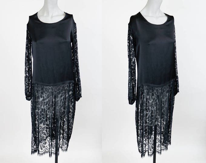 1920s Black Silk and Lace Tunic Dress XS S