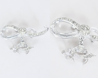 Vintage 50s Brooch / 1950s Shriners Fraternal Rhinestone Crystal Bow Pin