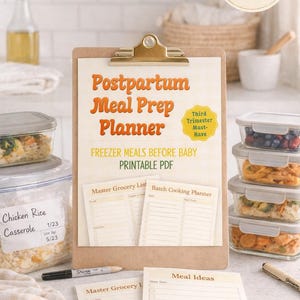 Puede incluir: Un portapapeles con texto "Postpartum Meal Prep Planner" y "Freezer Meals Before Baby". Incluye recipientes para preparar comidas, una bolsa de cazuela de pollo y arroz y una pegatina "Prep Before Baby Arrives". También se ve un bolígrafo.