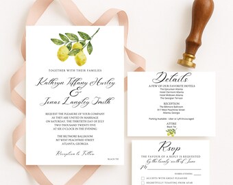 Può includere: Un set di inviti di nozze con un'illustrazione di ramo di limone. La carta d'invito presenta i nomi della coppia, la data del matrimonio e la location. La carta RSVP chiede agli ospiti di rispondere entro il 26 giugno.