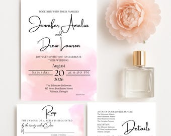 May include: Wedding invitation suite with a watercolor wash in pink. The invitation includes the names Jennifer Amelia and Drew Lawson, date, time, and location. A perfume bottle and a pink flower are also in the image.