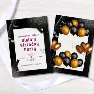 Invitaciones para fiestas de cumpleaños glamurosas, invitaciones para fiestas glamurosas, tarjetas de cumpleaños lujosas, invitaciones para celebraciones, papelería para fiestas, letrero para fiestas glamurosas.