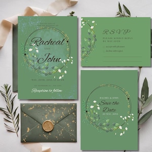 Elegante suite di inviti di nozze floreali di lusso - Modello modificabile, design botanico romantico, stampabile, download digitale