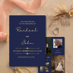 Modello di invito di nozze blu navy e oro – Elegante set stampabile con RSVP, Save the Date, scheda dettagli – PDF scaricabile immediatamente