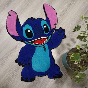 custom tufted rug; handmade wall art rug;carpets;tufted rug;Lilo & Stitch;Blue Alien Handmade Shaggy Rug;Cute Cartoon Home Decor