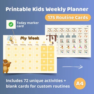 Horario visual para niños / Planificador semanal en PDF / 175 tarjetas de rutina / 72 tareas únicas / Tabla de rutina imprimible para niños pequeños / Rastreador de tareas diarias