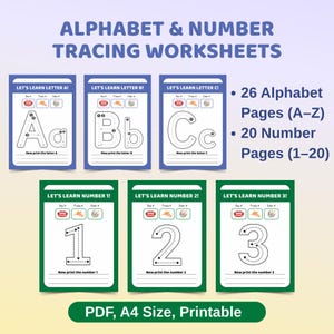 Alphabet & Number Tracing Worksheets | Printable PDF | A-Z Letters, 1-20 Numbers | Kids Handwriting Practice | Preschool Homeschool