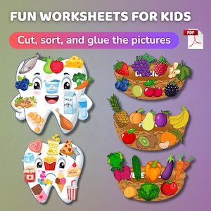 Cut & Paste Worksheets for Kids – Healthy Teeth, Fruits, Vegetables | 7 Pages PDF, US Letter 8.5x11