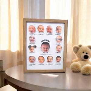 Puede incluir: Un collage de fotos enmarcado en madera que muestra los hitos mensuales de un bebé. El marco contiene pequeñas fotos, cada una etiquetada con un mes. La foto central incluye el nombre del bebé y la fecha 27 de febrero de 2023. Un osito de peluche está al lado.