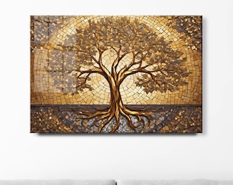 Baum des Lebens Wandkunst, Goldmosaikglaskunstwerk, luxuriöses Wohnzimmerdekor