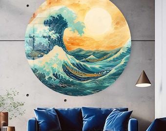 Wave Circular Glass Wall Art, Japanese Home Decor, Tempered Glass (Christmas Gift)
