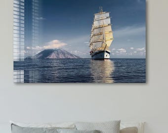 Tall Ship Glass Wall Art Sailing Ship Nautical Decor Volcanic Island Sea Print