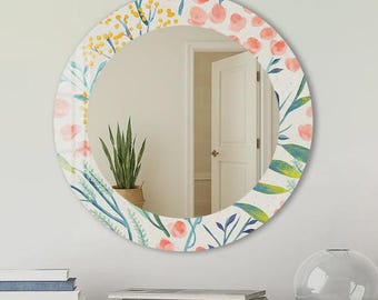 Espejo redondo decorativo, marco floral para decoración de pared, diseño artístico moderno.
