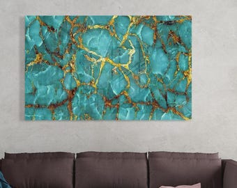 Cuadro de pared de cristal con mármol azul verdoso y dorado, decoración abstracta de lujo, cristal moderno.