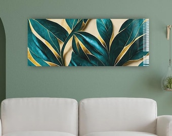 Teal and Gold Leaf Glass Wall Art Modern Botanical Tempered Glass Decor