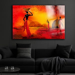 African Sunset Canvas Art: Tribal Woman Silhouette, Cultural Wall Decor