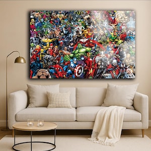 Arte murale in vetro con fumetti di supereroi: collage pop art colorato