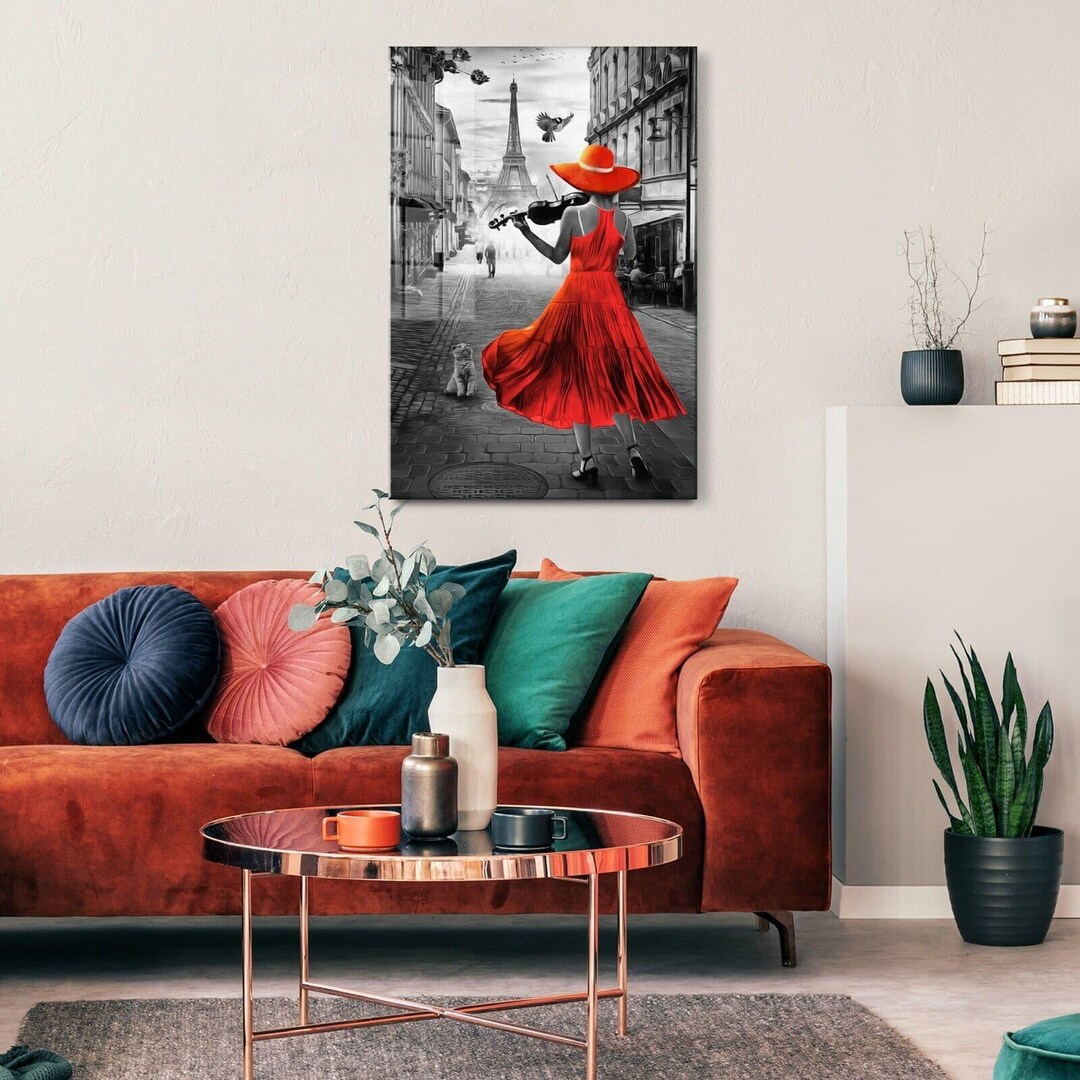 Paris Wall Art Red Dress Woman Violin Eiffel Tower Glass Wall Decor - Etsy
