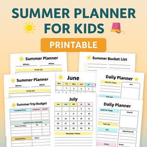 Planificador de verano para niños / 31 páginas imprimibles / Horario diario, lista de deseos, presupuesto, registro de lectura / Descarga instantánea en PDF (tamaño A4 y carta estadounidense)