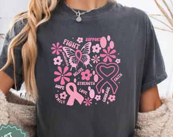 Comfort Colors Breast Cancer Shirt | Oversized Pink Ribbon Butterfly Tee | Garment Dyed Hope Survivor Top