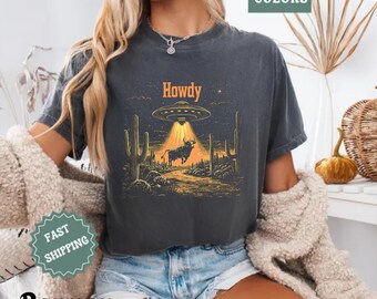 Comfort Colors Western Alien Shirt: Howdy UFO Cow Abduction Tee