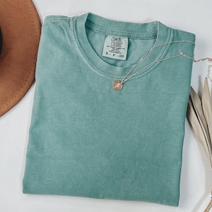 Könnte beinhalten: Ein einfarbiges, meergrünes T-Shirt mit Rundhalsausschnitt und einem Comfort Colors Markenetikett am inneren Halsausschnitt. Eine dünne silberfarbene Kette mit einem kleinen runden Anhänger liegt mittig auf dem Stoff des T-Shirts.