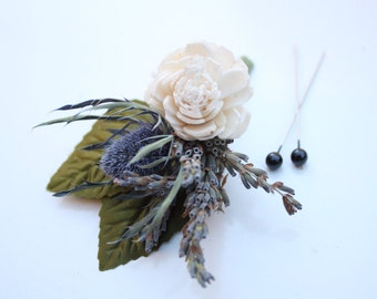 Sola Boutonniere with Lavender and Thistle