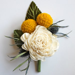 Sola Boutonniere // Billy Button and Thistle // Craspedia // Flower Boutonniere