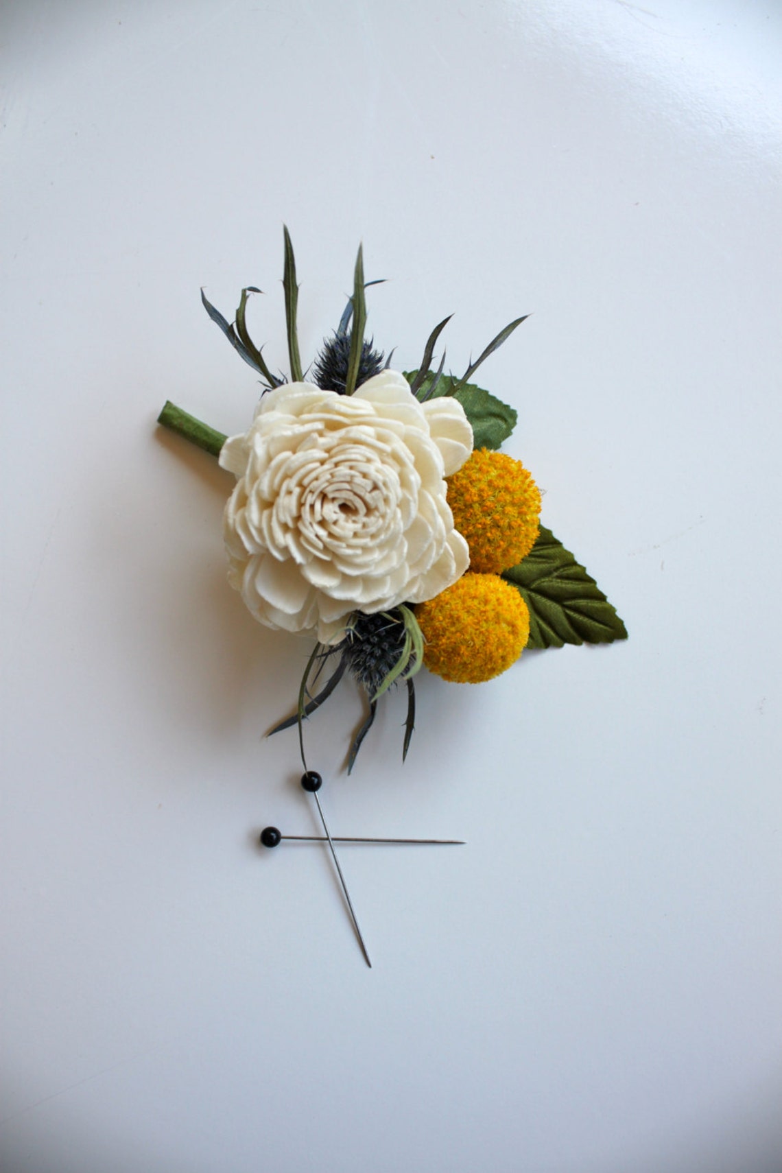 Sola Boutonniere // Billy Button and Thistle // Craspedia // Etsy