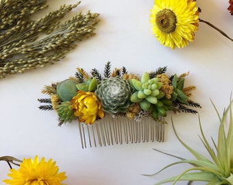 Succulent Hair Comb // Green & Yellow // Hairpiece // Dried Flowers